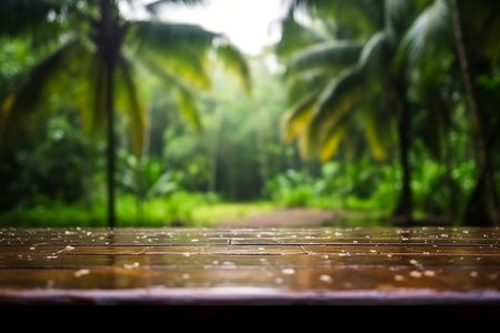Rainy Tropical Setting Empty Wooden Tableの素材