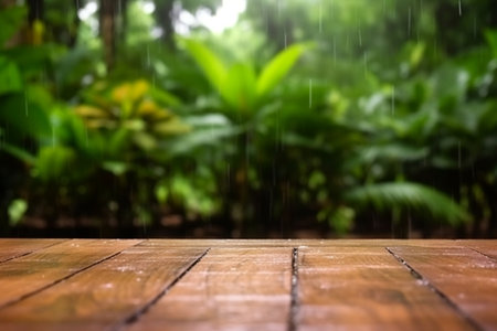 Rainy Tropical Setting Empty Wooden Tableの素材