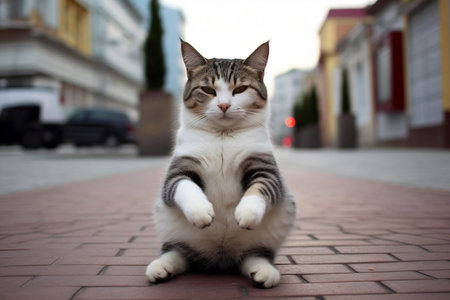 Street Tabby Cat's Hilarious Yoga Pose Generative AIの素材