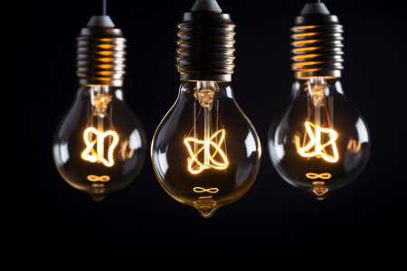 Illuminated Light Bulbs on Black Background Generative AIの素材