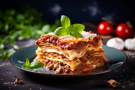 Cheesy Lasagna Bolognese with Tomato Sauce Generative AIの素材