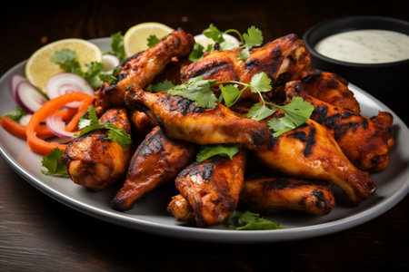 Grilled Chicken Wings with Roasted Chicken on a Plate: Indian Cuisine Generative AIの素材