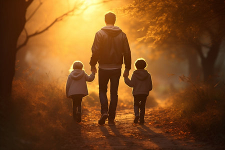 Walking in the Sunlight: Man Strolling with His Children on a Pathの素材