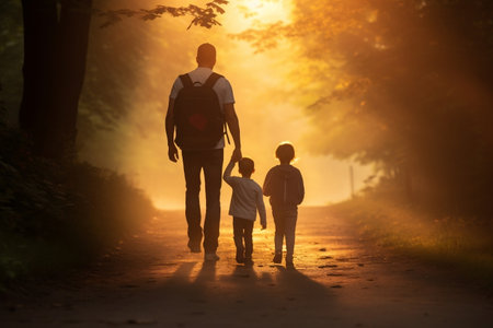 Walking in the Sunlight: Man Strolling with His Children on a Pathの素材