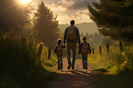 Walking in the Sunlight: Man Strolling with His Children on a Pathの素材