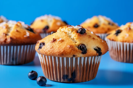 Berrylicious Delights Blueberry Muffins on Blue Backgroundの素材