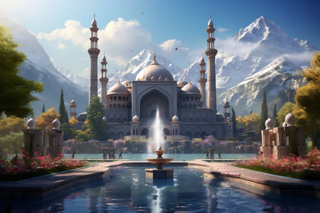 Mountain Serenity Beautiful Mosque, Mountains, and Fountainの素材