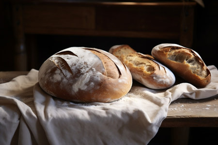 Bread Display Freshly Baked Loaf on a Tableの素材