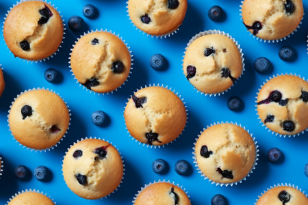 Berrylicious Delights Blueberry Muffins on Blue Backgroundの素材