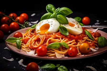 Tempting Twirls Spaghetti Delight with Tomato Sauce and Basil Appetizerの素材