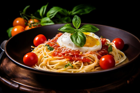 Tempting Twirls Spaghetti Delight with Tomato Sauce and Basil Appetizerの素材