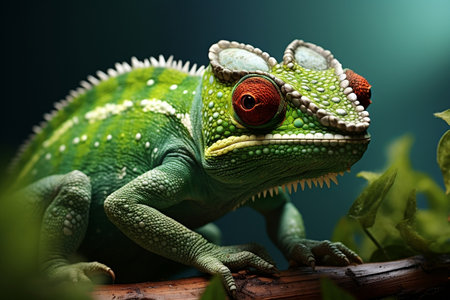 Camouflage Master Close-Up of Green Chameleon on High-Key Green Backgroundの素材