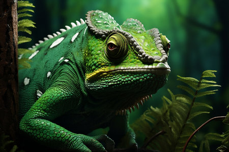 Camouflage Master Close-Up of Green Chameleon on High-Key Green Backgroundの素材