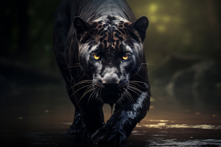 Majestic Panther Front View on Black Background - Wild Animal Illustrationの素材
