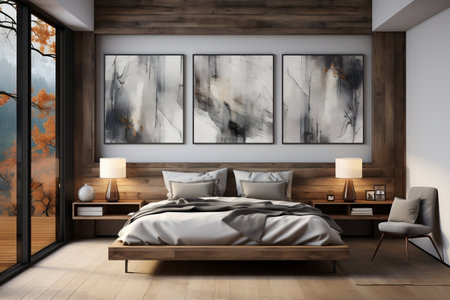 Cozy Bedroom Retreat Two Beautiful Beige Armchairs in Grey Bedroom with White Wood Wall Panelingの素材