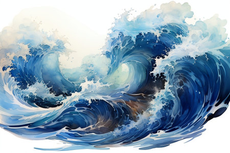 Powerful Surge Isolated Large Stormy Sea Wave in Deep Blue on White Backgroundの素材