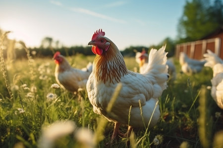 Hen and Chicks Outdoor Pasture Scene in the Sunの素材