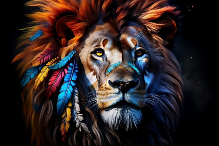 Lion Portrait Colorful Paint and Feathersの素材