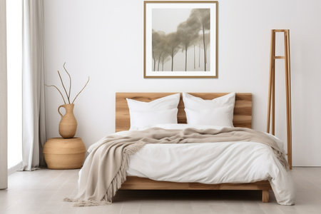 Mockup Frame in Bedroom Interior White Room Backdropの素材