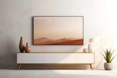 Mock-Up of a TV Cabinet Display in a White Minimalist Settingの素材