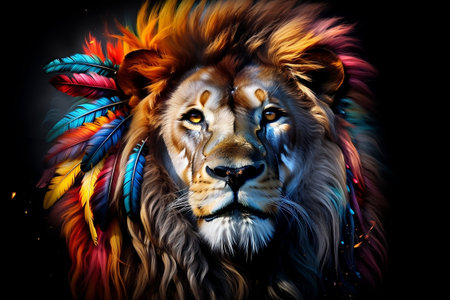 Lion Portrait Colorful Paint and Feathersの素材
