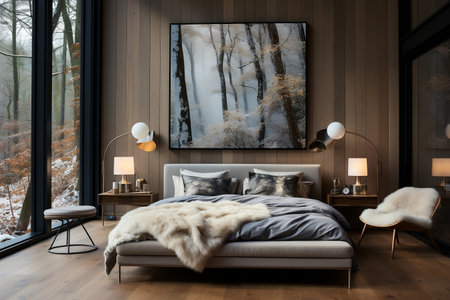 Cozy Bedroom Retreat Two Beautiful Beige Armchairs in Grey Bedroom with White Wood Wall Panelingの素材
