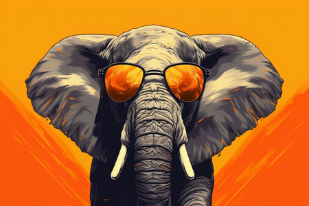 Stylish Elephant Illustration of Wild Gray Elephant in Trendy Sunglassesの素材
