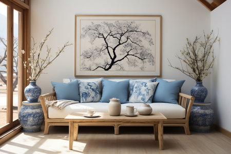 Harmonious Japandi Minimalist Living Room with Frame Mockup in Whiteの素材