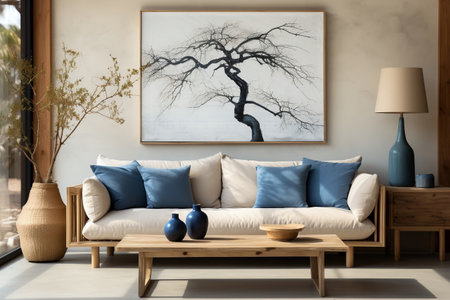 Harmonious Japandi Minimalist Living Room with Frame Mockup in Whiteの素材