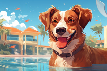 Canine Vacation Dog Enjoying the Swimming Poolの素材