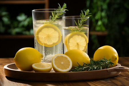 Lemon Slices Rosemary and Ice in a Refreshing Beverageの素材