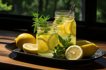 Lemon Slices Rosemary and Ice in a Refreshing Beverageの素材
