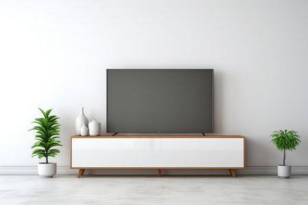 Mock-Up of a TV Cabinet Display in a White Minimalist Settingの素材