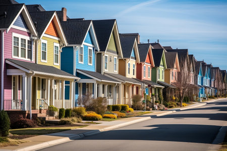 Colorful Houses in a Suburban Neighborhood. Generative AIの素材