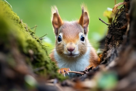 Curious Squirrel Peeks Cautiously. Generative AIの素材