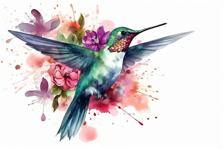 Watercolor Floral Hummingbird Isolated on White Backgroundの素材