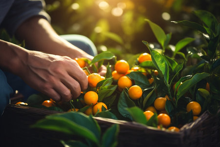 Hands of a Male Farmer Picking an Orange Up Close. Generative AIの素材