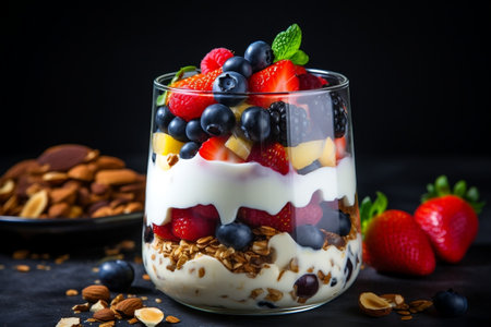 Delicious Yogurt Granola Parfait with Nut Slices. Generative AIの素材