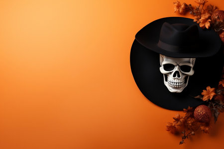 Spooky Halloween Flat Lay Mockup with Skull. Generative AIの素材