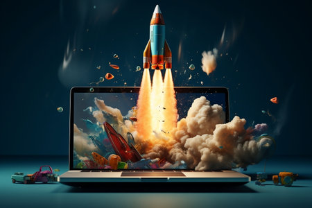 Launching Space Rocket from Laptop Screen. Generative AIの素材