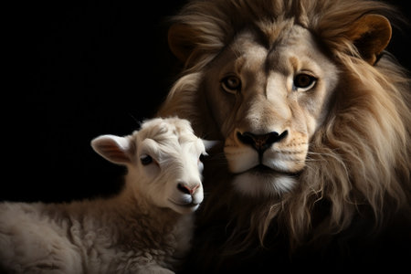 The Lion and the Lamb Together on Black Background. Generative AIの素材