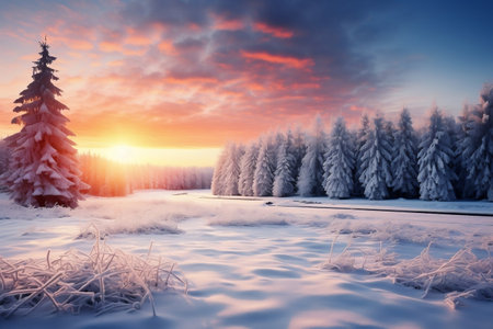 Enchanting Winter Landscape Wallpaper Featuring Pine Forest. Generative AIの素材