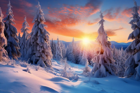 Enchanting Winter Landscape Wallpaper Featuring Pine Forest. Generative AIの素材