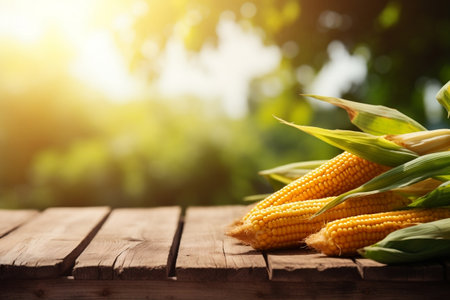 Rustic Wooden Table with Corn on Cobs and Ample Space. Generative AIの素材