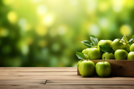 Rustic Wooden Table Adorned with Fresh Green Apples and Fruits. Generative AIの素材