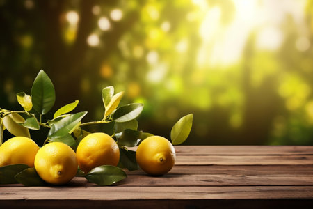 Rustic Wooden Table Adorned with Fresh Lemons and Ample Space. Generative AIの素材