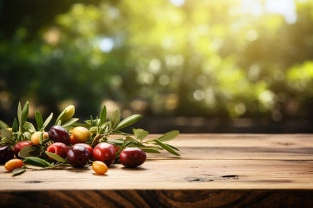 Rustic Wooden Table with Olives, Fruits, and Empty Space. Generative AIの素材