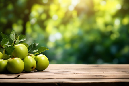 Rustic Wooden Table Adorned with Fresh Green Apples and Fruits. Generative AIの素材