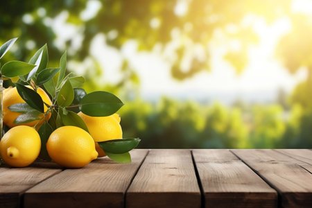 Rustic Wooden Table Adorned with Fresh Lemons and Ample Space. Generative AIの素材