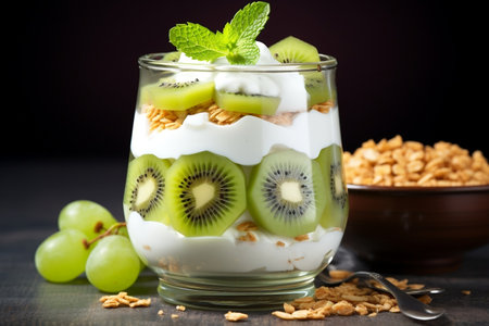 Delicious Yogurt Granola Parfait with Sliced Nuts and Fruits. Generative AIの素材